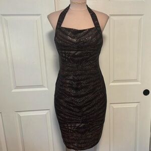 Vintage St. John Evening Knit Sequin Tiger Striped Halter Dress